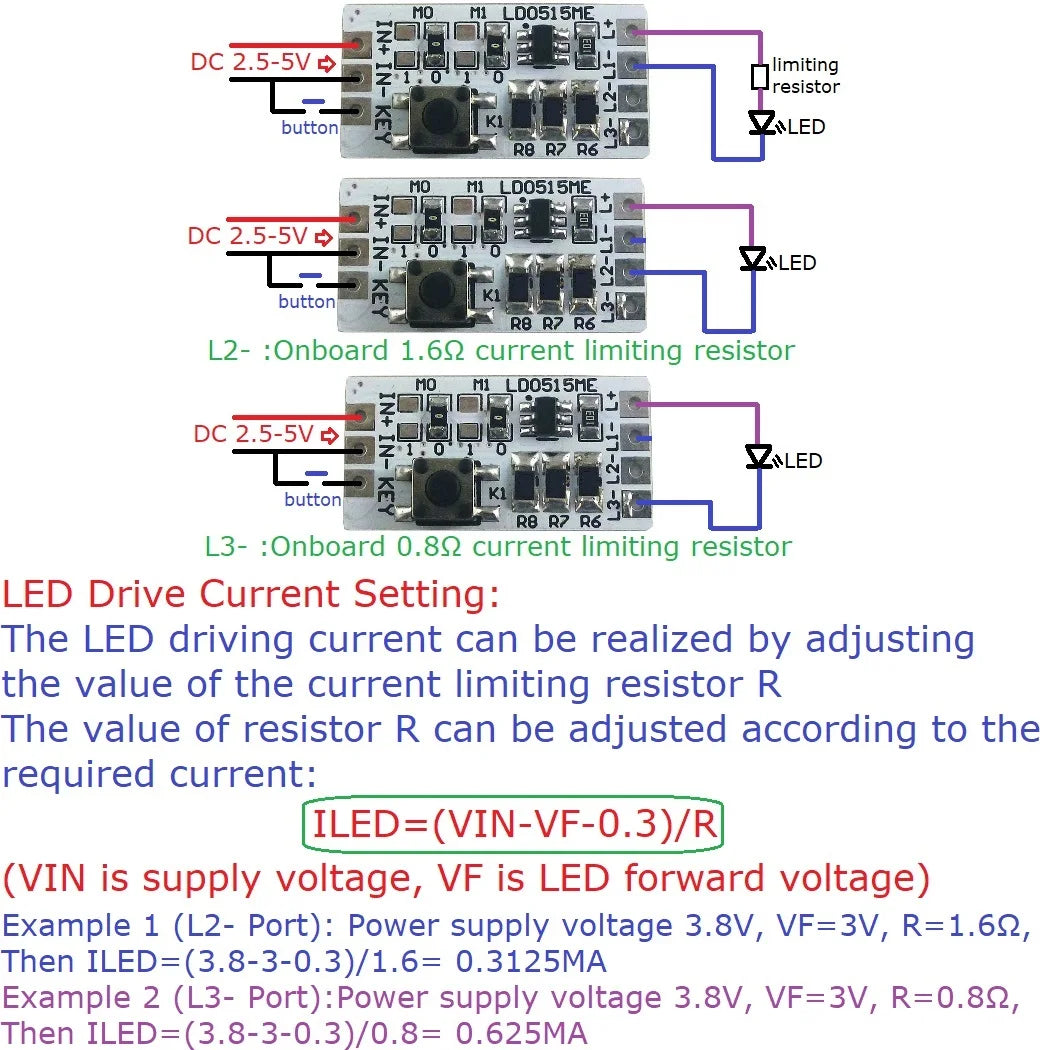 LD0515ME DC2.5V-5V 1200MA Multifunctional LED Controller Working Mode Current Can be Set ON/OFF Flashing SOS Flashlight USB Lighting Lamp