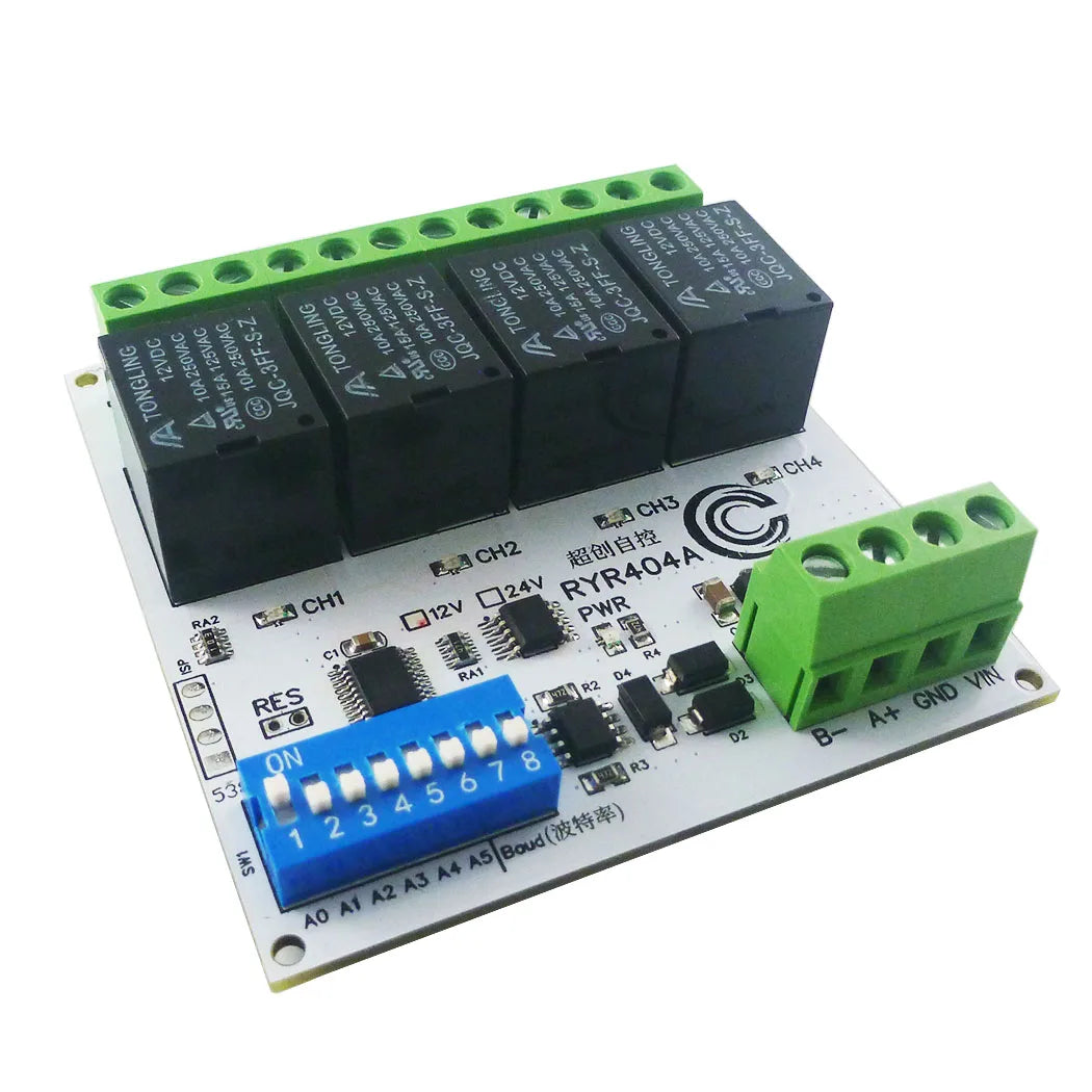 RYR404A 4CH DC 12V 24V Modbus RTU RS485 DO Relay Module DIP Switch Setting Parameters With DIN BOX