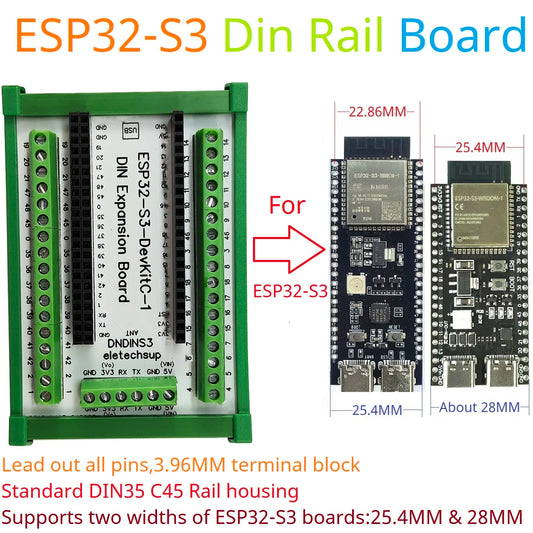 DNDINS3 ESP32-S3 Din Rail Mounting Expansion Board All PinOut 3.96 Screw Terminal Module USB OTG N16R8 N8R8 for Wi-Fi + Bluetooth LE