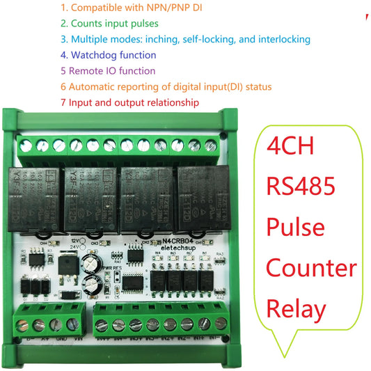 N4CRB04 4DI-4DO RS485 Pulse Counter Relay Remote IO Modbus Watchdog inching self-locking interlocking Delay PLC HMI IO Expansion