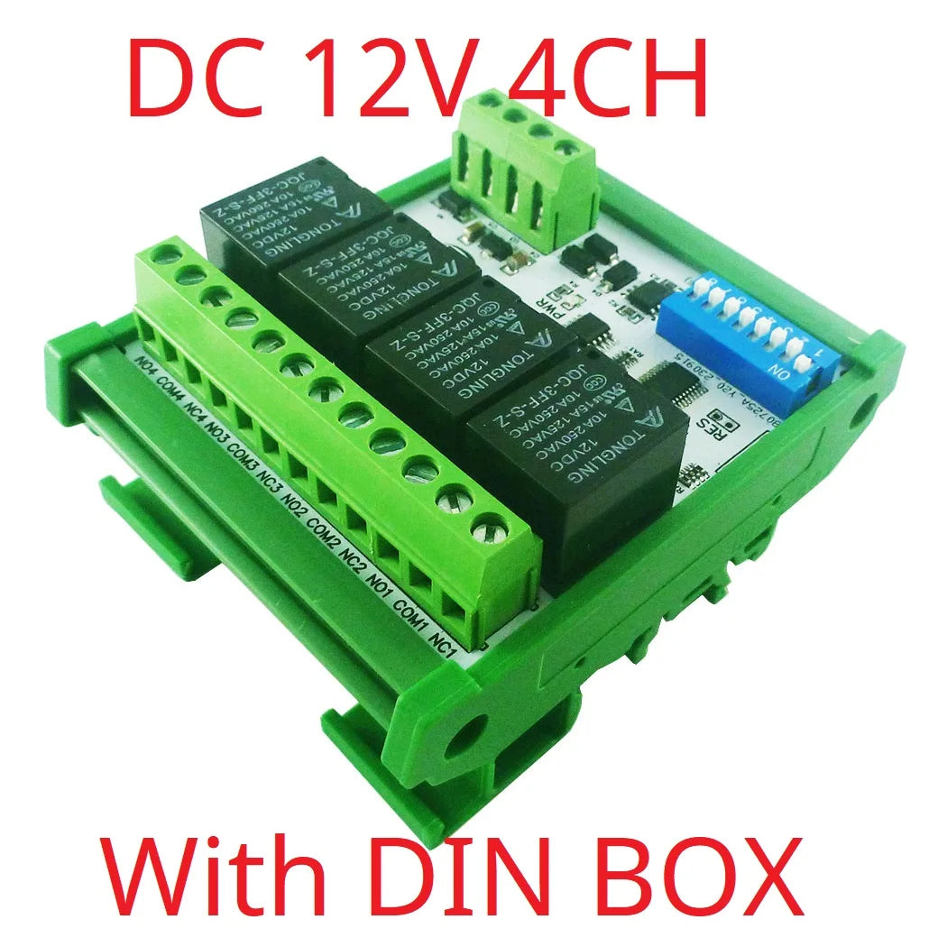 RYR404A 4CH DC 12V 24V Modbus RTU RS485 DO Relay Module DIP Switch Setting Parameters With DIN BOX
