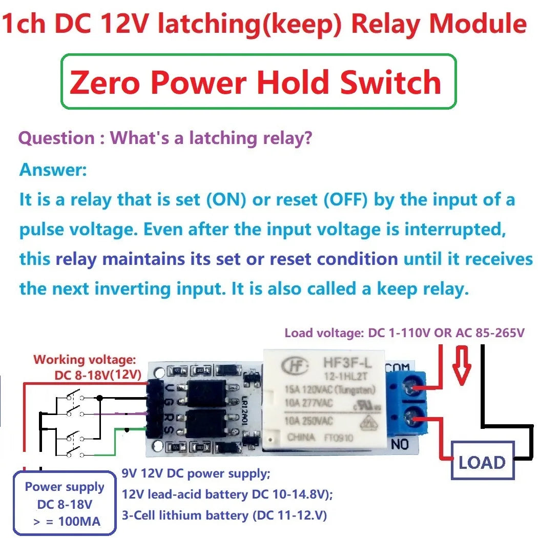 LR12A01 DC 12V 10A Latching Keep Relay Module Zero Power Hold Switch Bistable Self-locking Flip-Flop Latch Board
