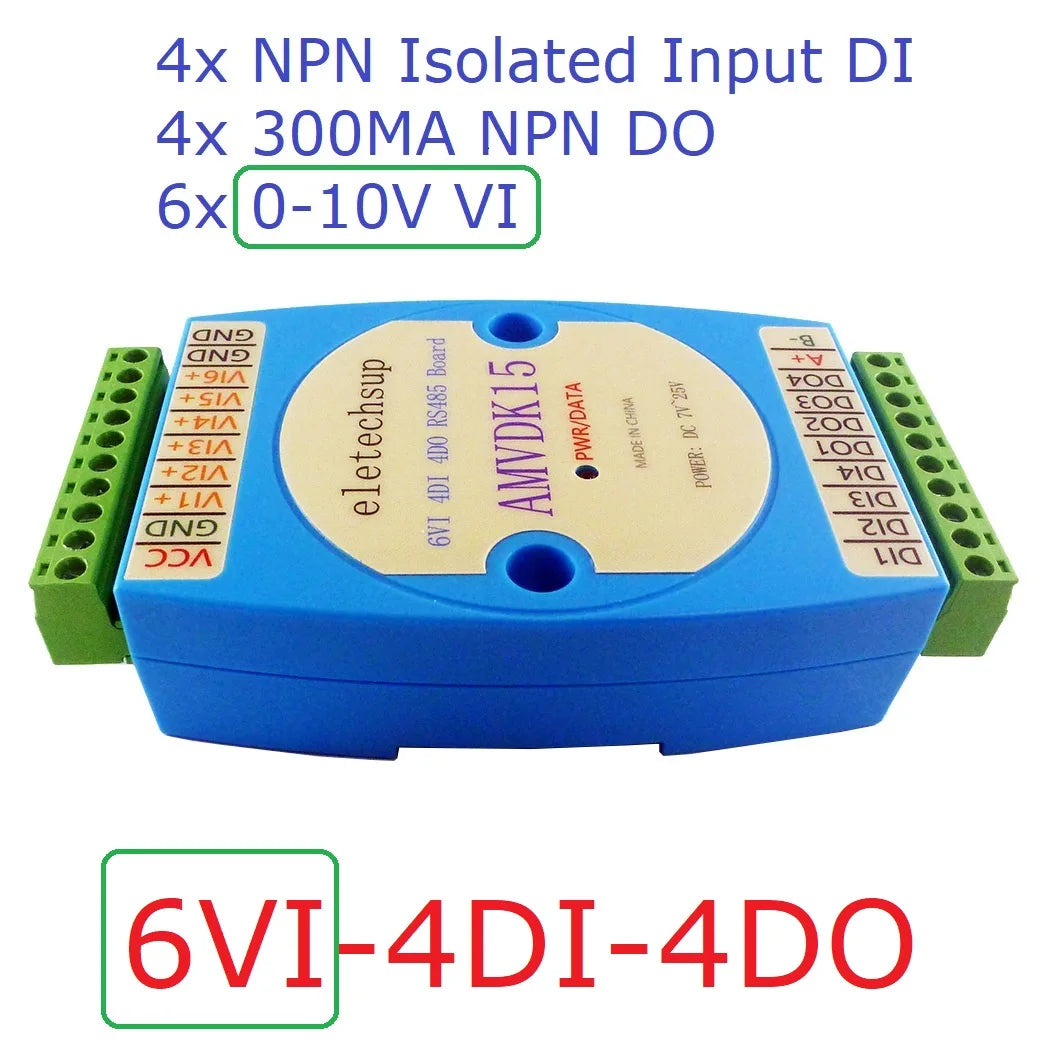 AMIDJ14 AMVDK15 3IN1 6AI-4DI-4DO 4-20MA 0-5 0-10V DI-DO RS485 IO Module for Temperature Humidity PT100 K J Thermocouple Sensor Motion Detector