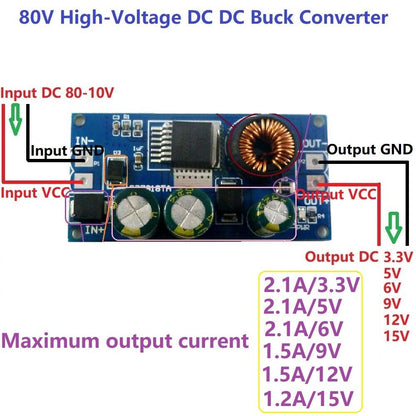 DD7818TA 2.1A HV DC-DC Converter Buck Module EBike 8-80V 48V 64V to 3.3V 5V 6V 9V 12V 15V
