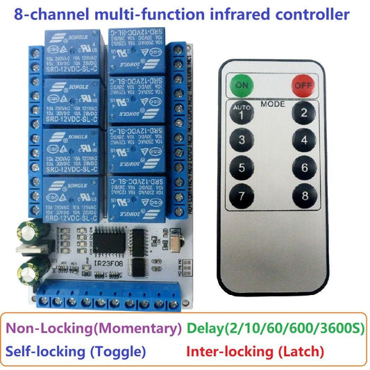 IR23F08 DC 5V 12V 8ch IR infrared control Switch Timer Delay Self-locking Latch Relay
