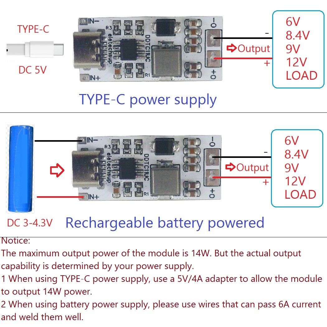 DDTC11UC 3.5A USB C TYPE-C to DC 6V 8.4V 9V 12V Step-Up DC-DC Boost Converter Power Suppl