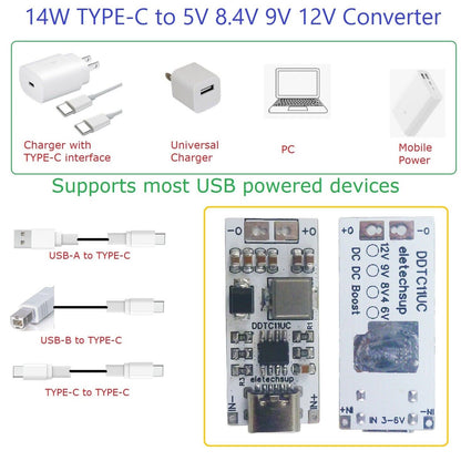 DDTC11UC 3.5A USB C TYPE-C to DC 6V 8.4V 9V 12V Step-Up DC-DC Boost Converter Power Suppl