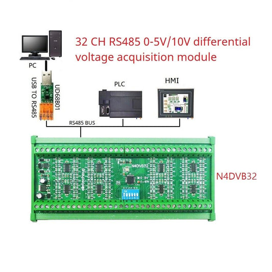 N4DVB32 32-AI RS485 Differential Voltage Collector Modbus RTU 0-5V 0-10V Analog Input AD