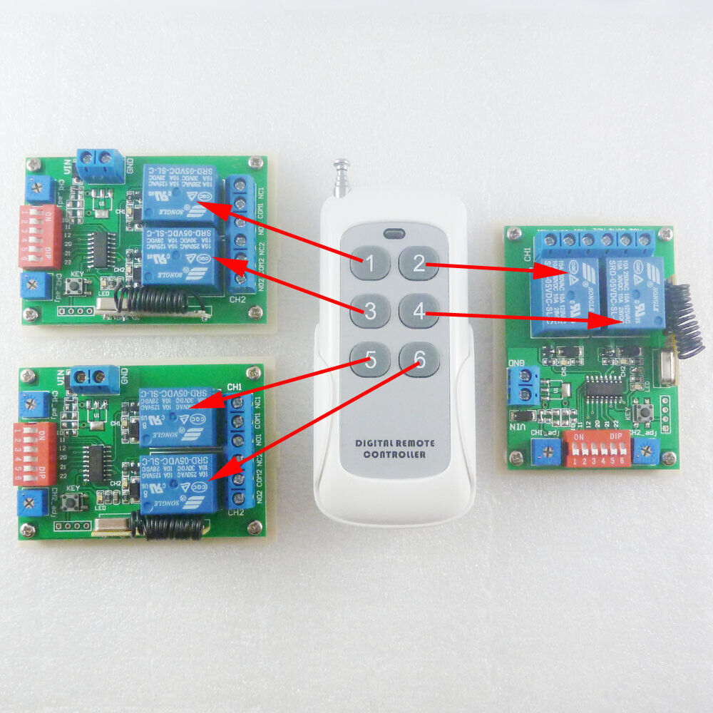 433Hz Crystal Frequency 12V 6CH Wireless Remote Control Relay Switch 1 TX + 3 RX