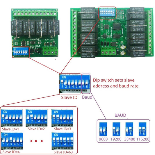 RYN408F RYN404E 4-8CH Relay Pluggable Modbus Remote IO Module Baud Rate Slave ID Dip Switch Sele