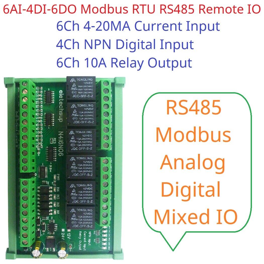 N4I6N06 6AI-4DI-6DO 4-20MA Analog Digital Mixed Remote IO Module RS485 Modbus RTU Dry Co