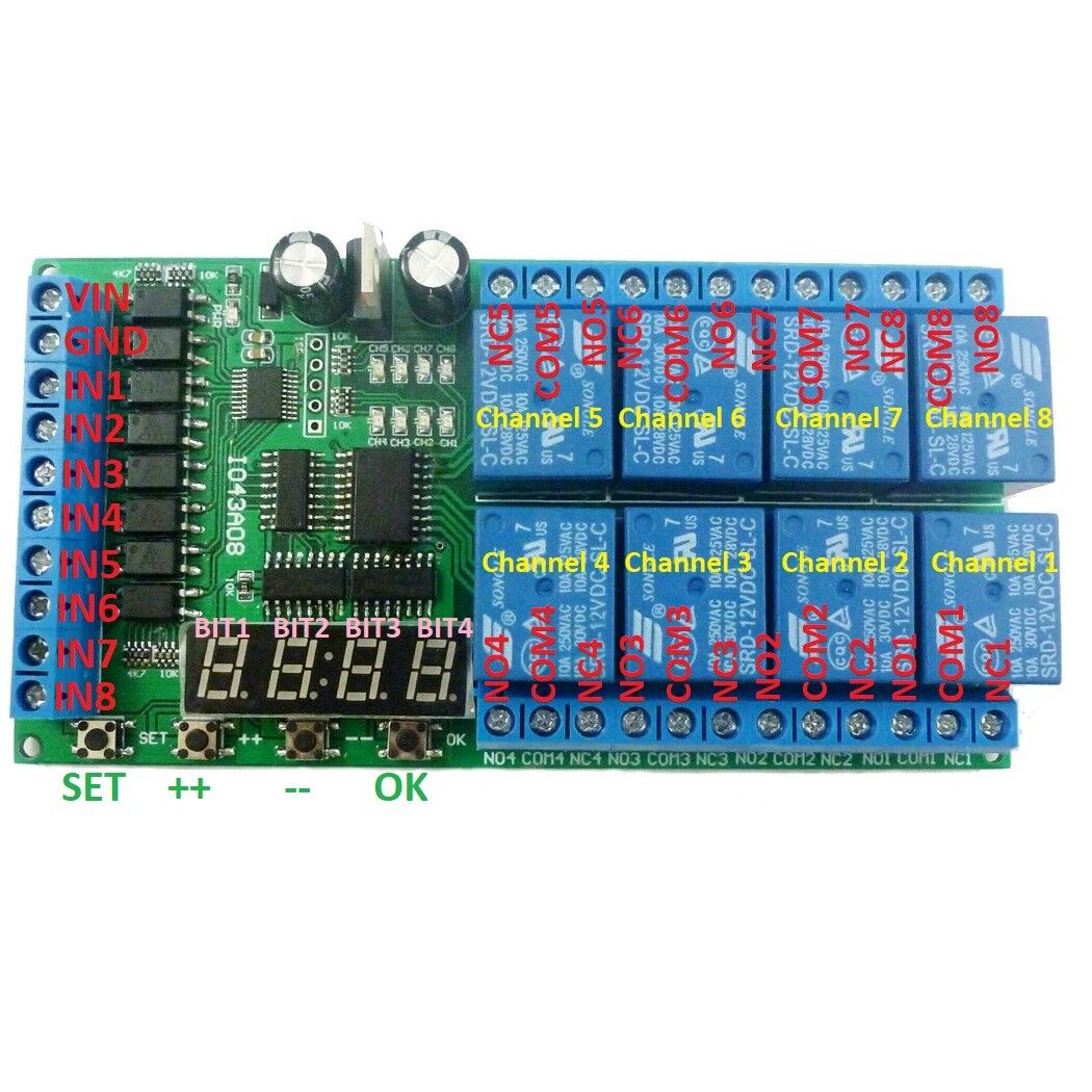 IO43A08 DC 12V 8ch Cycle Delay Time Relay Timer Control Switch Power sequencer PLC Motor