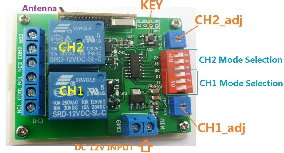 12V Wireless remote MultiFunction Momentary-Latch-Toggle-Delay Timer adjustable