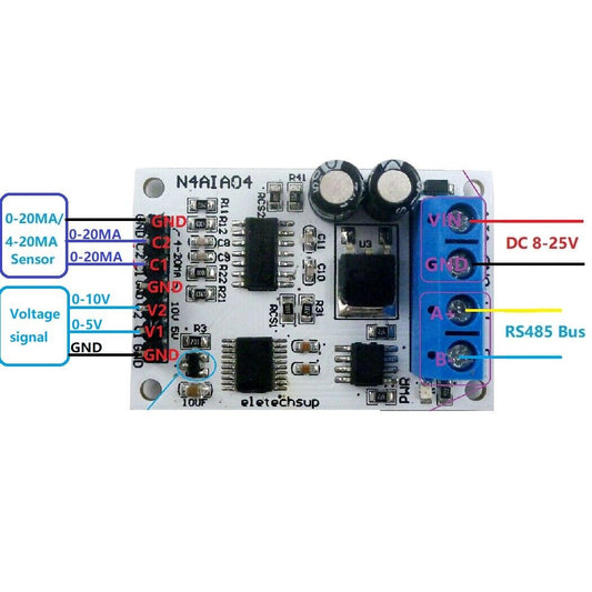 N4AIA04 DC 12V 4-20mA 0-5V 0-10V Voltage Signal Acquisition RS485 Modbus RTU Module