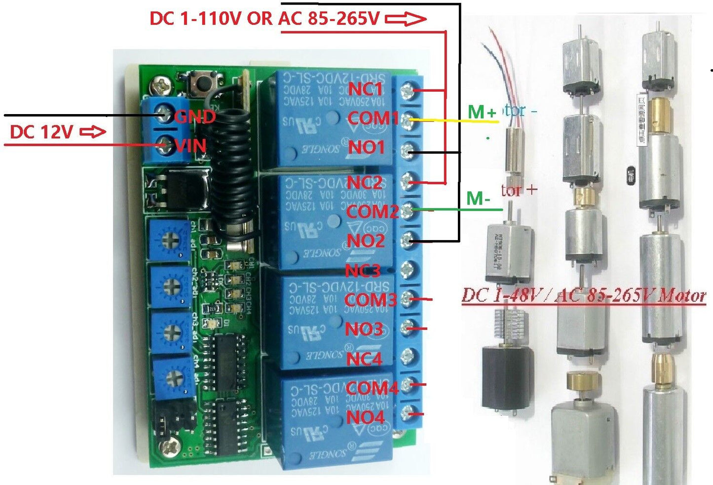 RF22A04 433M 1TX+ 4 RX ASK RF Wireless Adjustable Delay Time LED Bulb Motor Controller