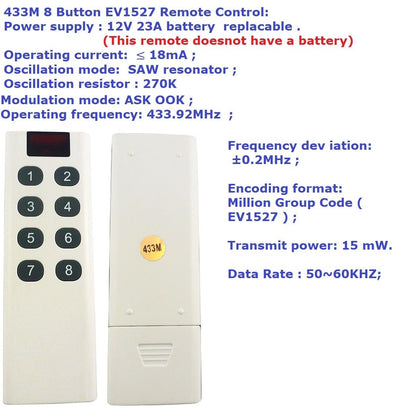 RF15B04 8 Button RF Wireless Remote Control Low Consumption 117dBm 4 Channels Decoder