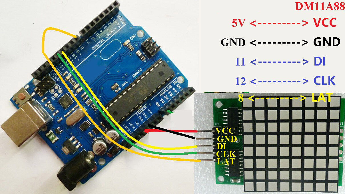 DM11A88 Arduino Demo code  Square Matrix LED 8x8 Red Dot display Module for Animation