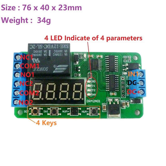 DR42A01 DC 12V DPDT Relay Cycle Timer Module Delay Time Polarity Audio Motor switching
