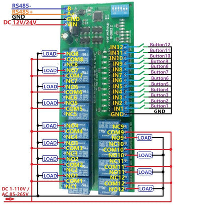 N4D8C12 12ch Digital IO UART RS485 Relay Module Modbus RTU DIN35 C45 Rail Box PLC PTZ