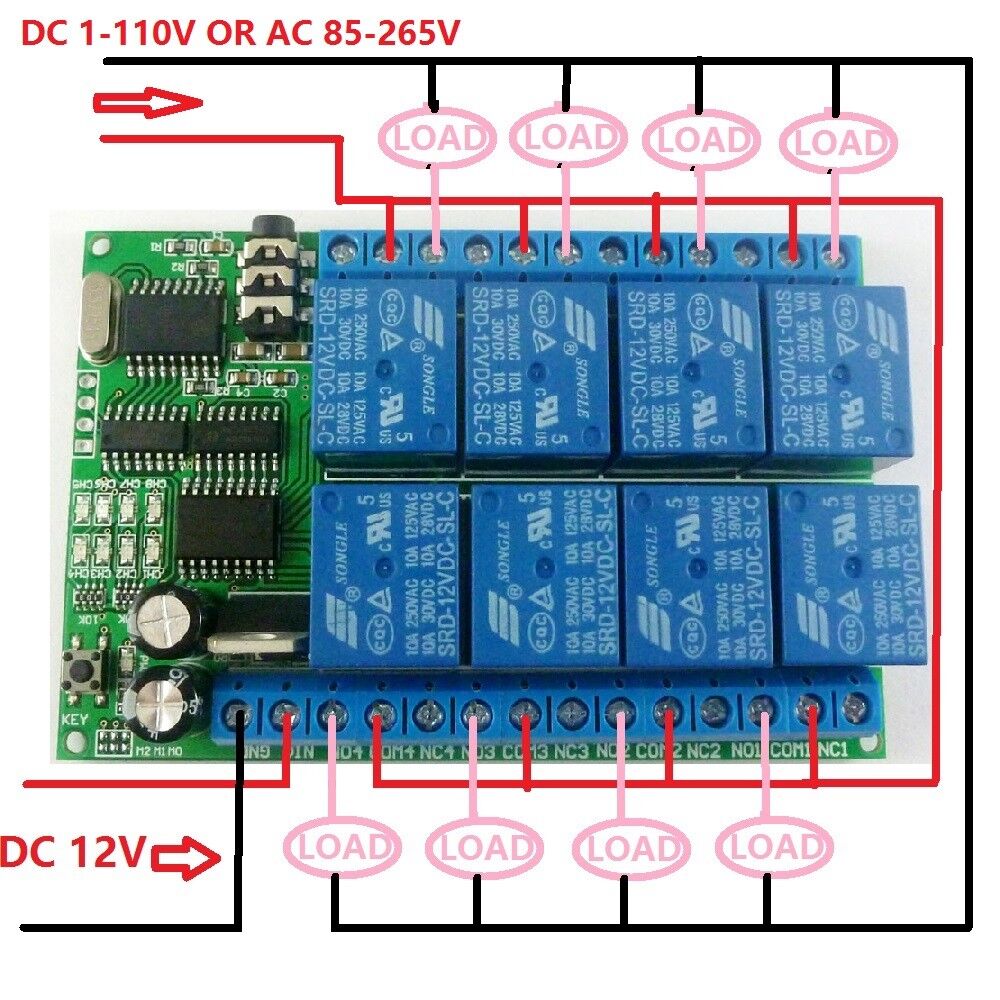 AD22A08 12VDC 8ch MT8870 DTMF Tone Signal Decoder Relay + DTMF Encodr Button Boa