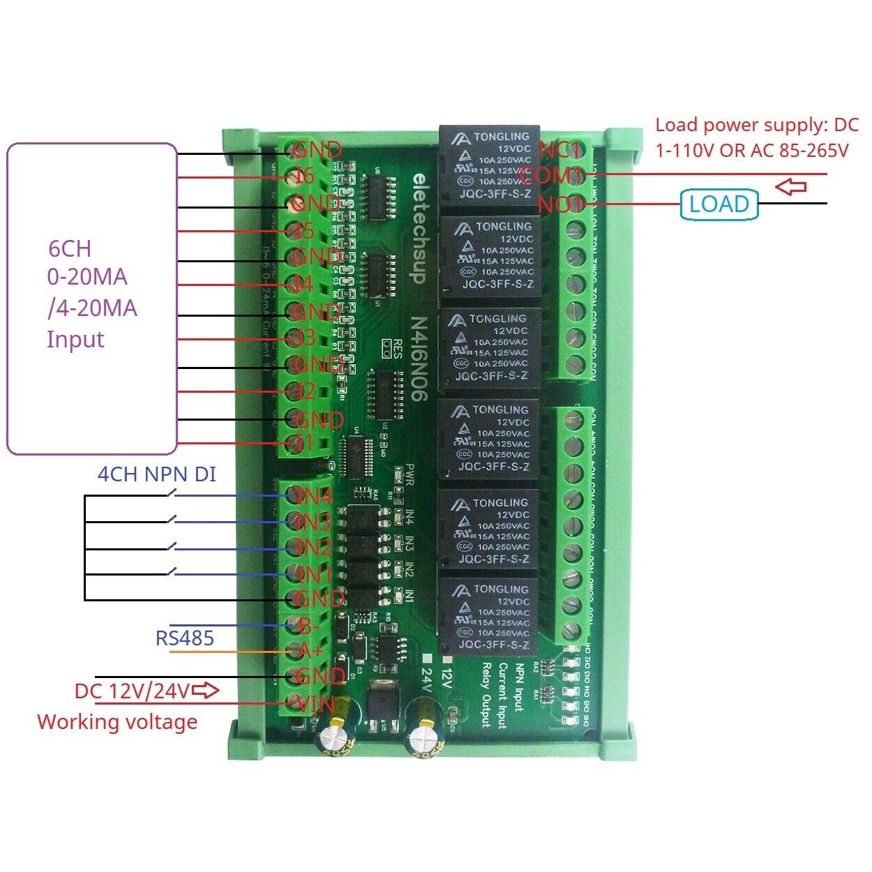 N4I6N06 6AI-4DI-6DO 4-20MA Analog Digital Mixed Remote IO Module RS485 Modbus RTU Dry Co