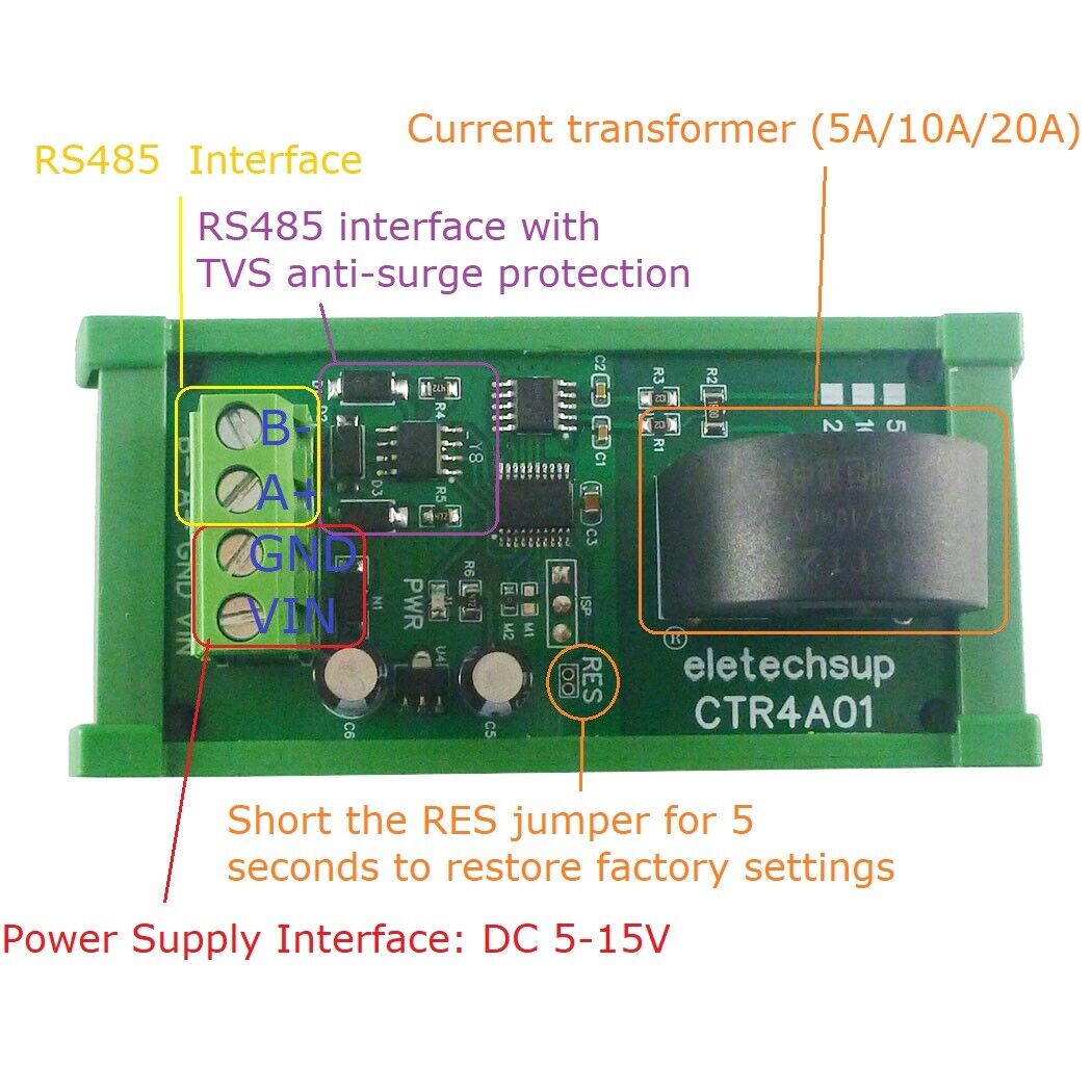 CTR4A01 5-20A 220V 60HZ RS485 Current Collector Ammeter MODBUS PLC AC Transformer Meter
