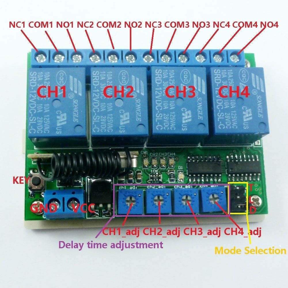 RF22A04 433M 1TX+ 2 RX ASK RF Wireless Adjustable Delay Time LED Bulb Motor Controller