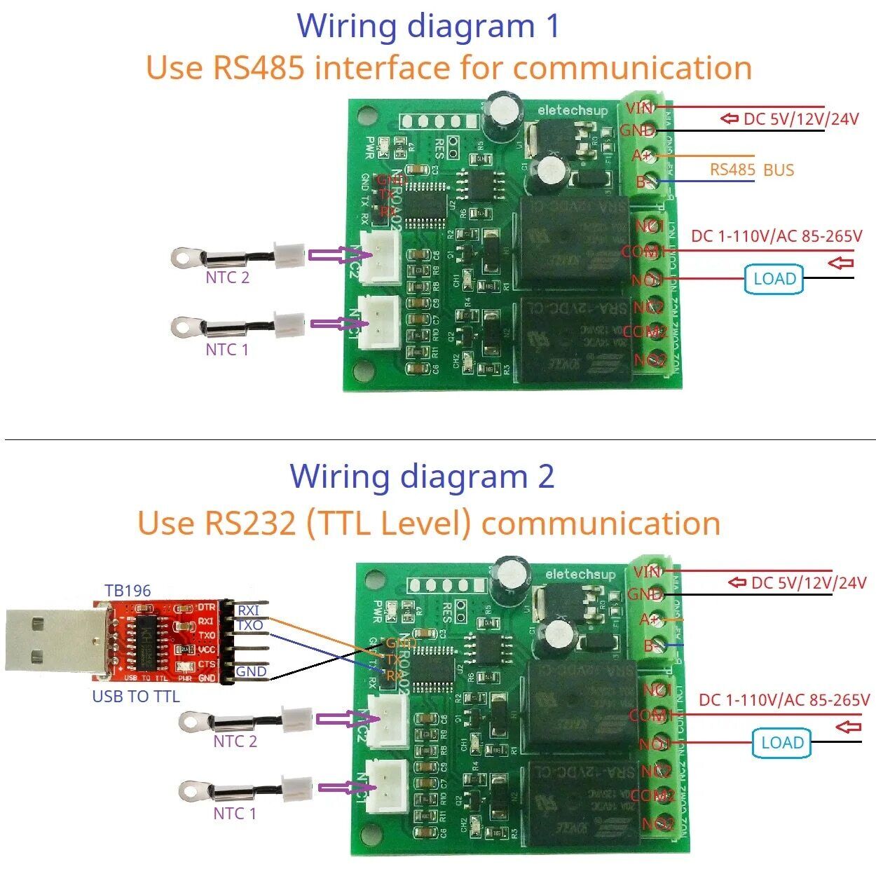 NTROA02 2AI-2DO NTC Relay RS485 RS232(TTL) AnalogTemperature Input Relay Output NTROA02