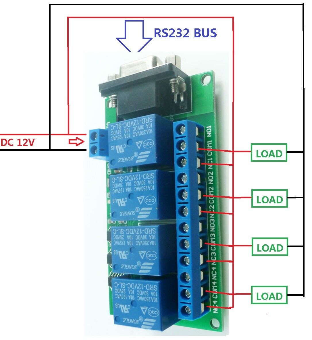 DC 12V 4Ch RS232 Relay Board SCM PC USB UART DB9 Remote Control Switch PLC Motor