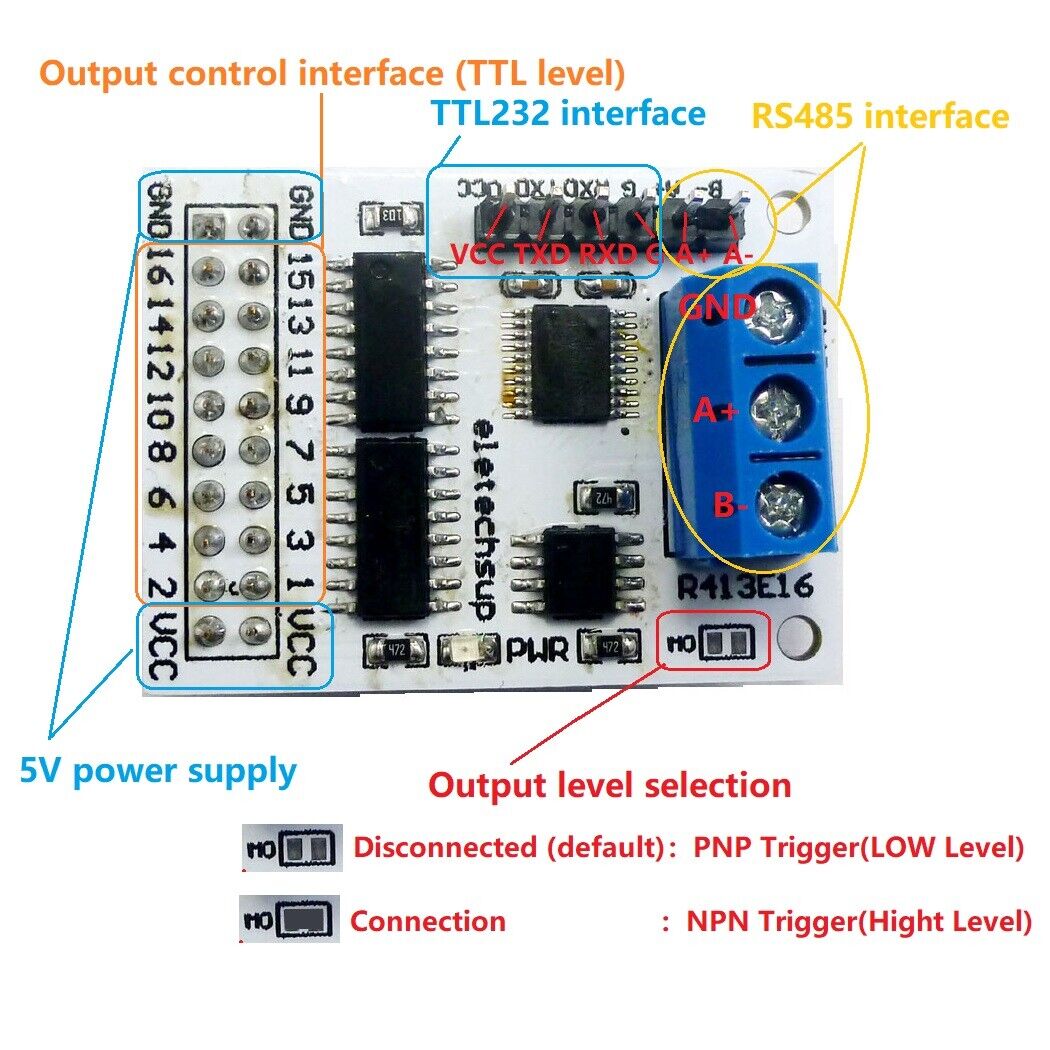 R413E16 RS485 Relay 16ch Multifunction NPN PNP IO Control Core Board Modbus Rtu Module