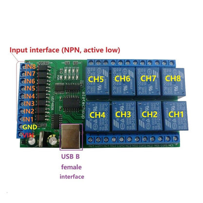 UD74B08 DC 12V 24V 8ch IO Digital Collector USB COM Serial Port UART Relay