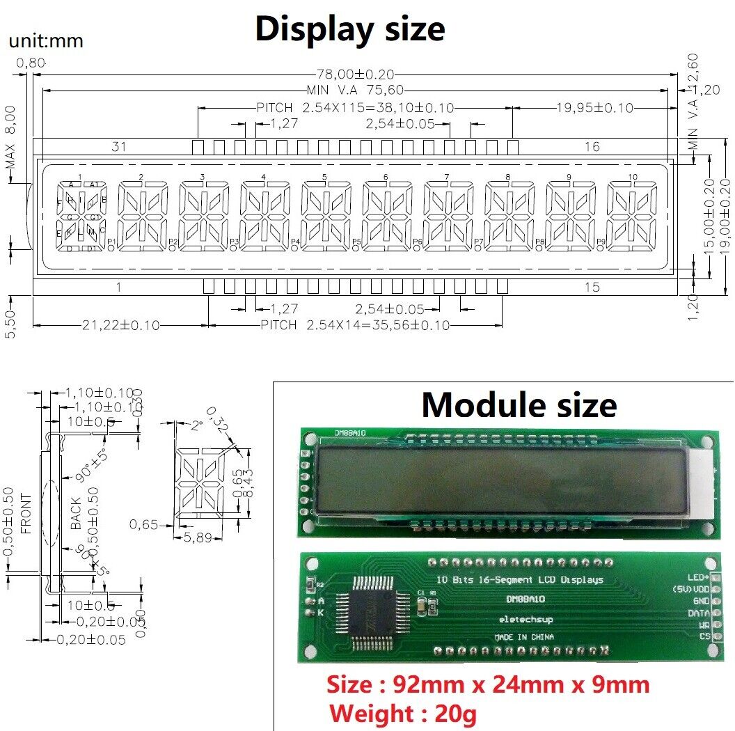 DM8BA10 for Arduino R3 Code 10bit 16-Seg SPI LED LCD Display Module TM1622 HT1622