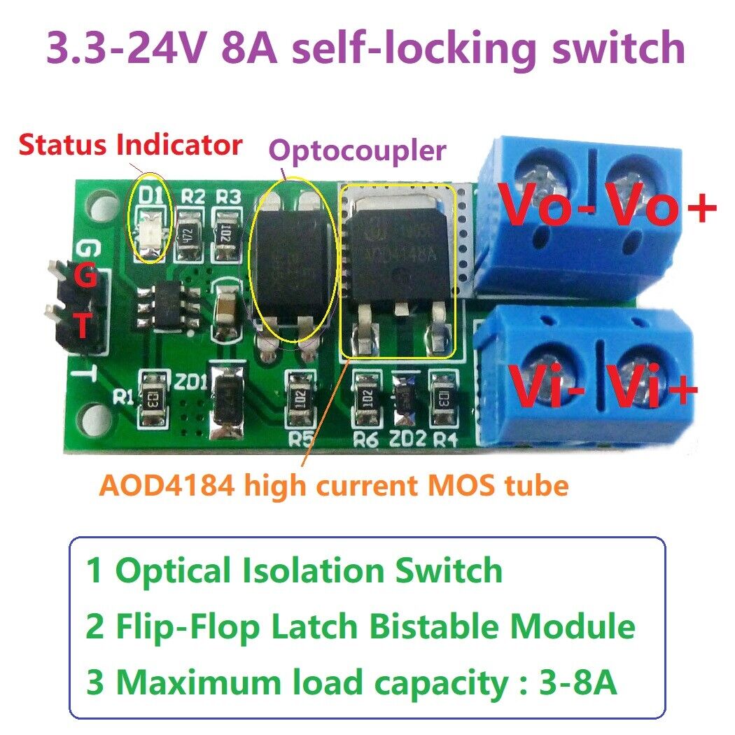 IO95A01 8A 3.3V-24V Flip-Flop Latch Switch Module Bistable Self-locking Trigger Board