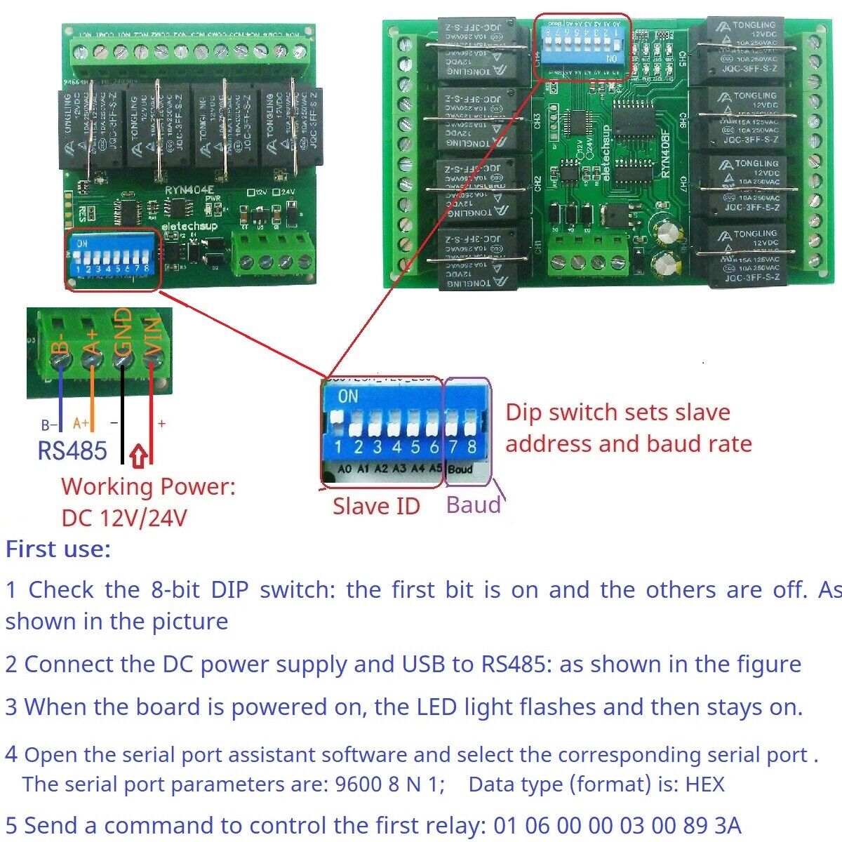 RYN408F RYN404E 4-8CH Relay Pluggable Modbus Remote IO Module Baud Rate Slave ID Dip Switch Sele