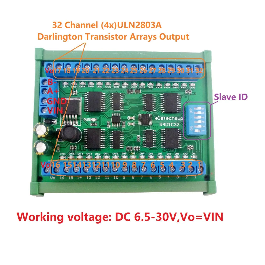 R4D1C32 DC 6.5-30V 32ch DIN35 C45 Rail Box RS485 Modbus RTU Controller 300MA Driver Module for PLC Relay Switch LED Motor