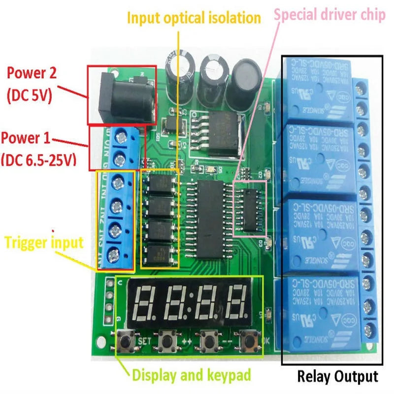 DC 12V 4 Channel Multifunction Cycle Delay Timer Relay Module : Timing Loop Interlock Self-locking Momentary Bistable Monostable