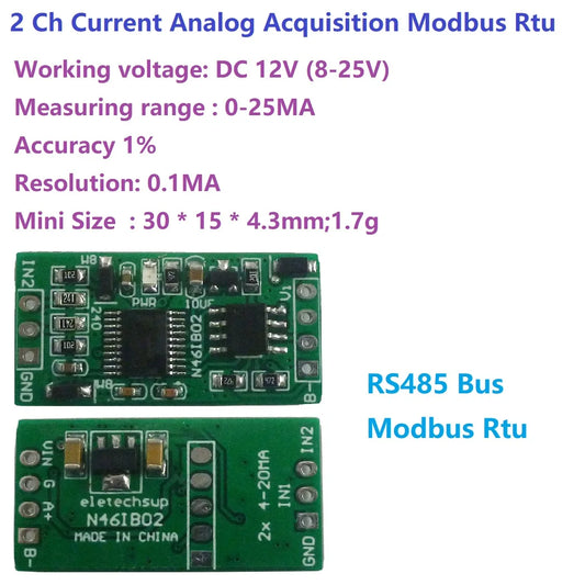 N46IB02 4-20MA to RS485 2 Channel DC 12V 0-25MA Analog acquisition module 12Bit  ADC Board Modbus RTU PLC