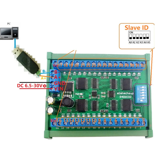 R4D1C32 DC 6.5-30V 32ch DIN35 C45 Rail Box RS485 Modbus RTU Controller 300MA Driver Module for PLC Relay Switch LED Motor