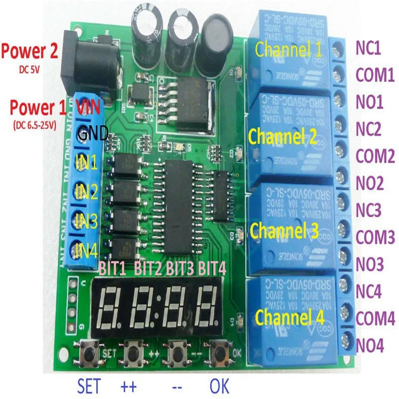 DC 12V 4 Channel Multifunction Cycle Delay Timer Relay Module : Timing Loop Interlock Self-locking Momentary Bistable Monostable