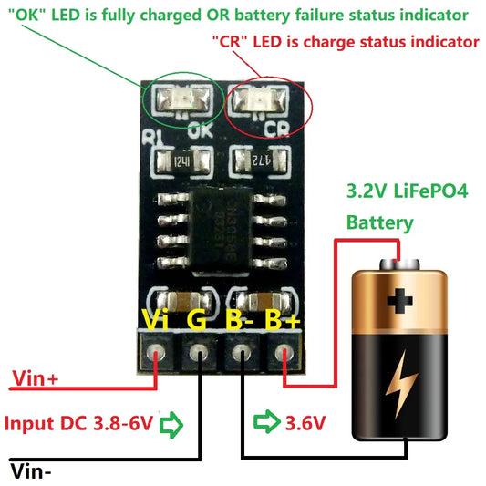 LIFECRMA Dedicated 3.2V LiFePO4 Battery Charger Module  3.6V 1A CV/ CC wtih Overvoltage Protection Automatic Recharge Low-Power Sleep Mod