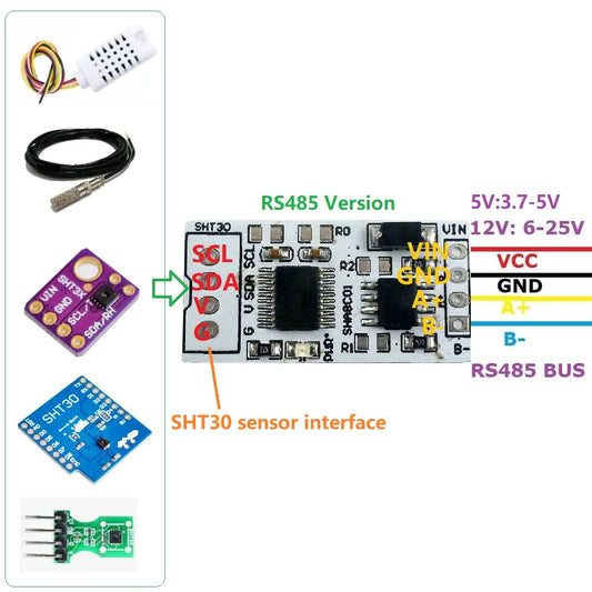 SHA8C01 -40-125Celsius  0-100%RH SHT30 SHT3X RS485 TTL232 Modbus Rtu Digital Temperature and Humidity Sensor Module