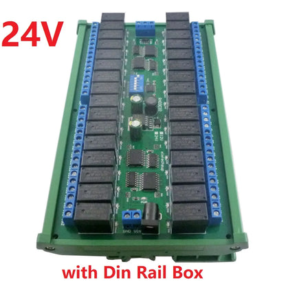 R421C32 DC 12V 24V 32ch Modbus RTU RS485 Relay Switch Board UART Serial port Module DIN Rail Box PLC expanding board