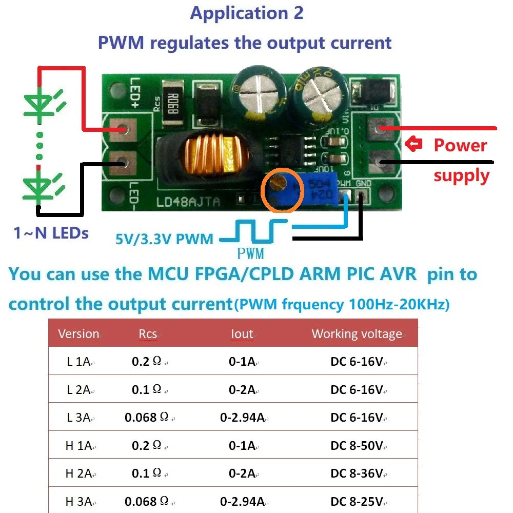 LD48AJTA 72W 1-3A DC 6V 9V 12V 24V 36V 48V Adjustable Constant Current LED Driver Module MCU IO PWM Controller Board