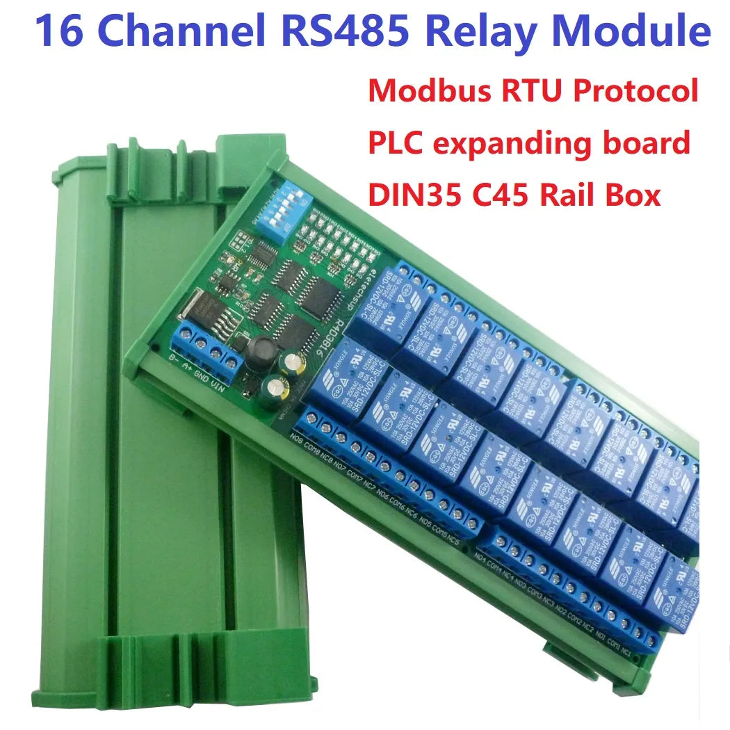 R4D3B16 16-Channel 12V 10A DIN Rail Box PLC Expansion Board RS485 Modbus RTU Relay Module