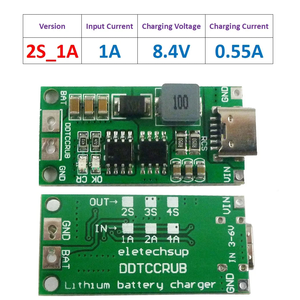 DDTCCRUB Multi-Cell 2S 3S 4S Type-C To 8.4V 12.6V 16.8V Step-Up Boost LiPo Polymer Li-Ion Charger 7.4V 11.1V 14.8V 18650 Lithium Battery