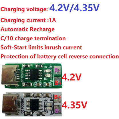 DDTC07MD DDTC07MC 1S Type-C To 4.2V 4.35V Step-down Buck LiPo Polymer Li-Ion Charger for 3.7V 3.8V 18650 Lithium Battery