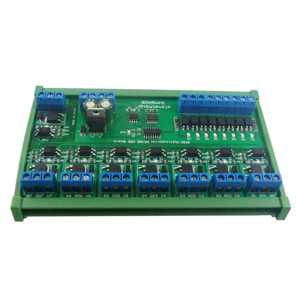 R4M8A08 5A DC 6-24V 8I8O Multifunction Modbus RTU MOSFET Module Support 03 06 16 Function Code RS485 Switch Control Board DIN35 Rail Box