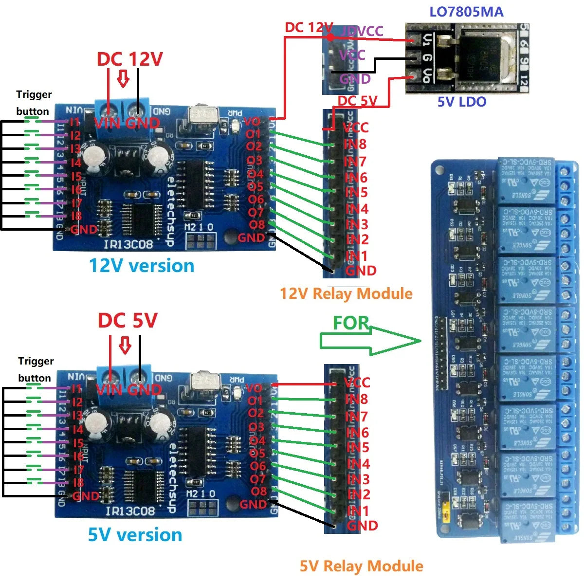IR13C08 8CH DC 5V 12V Multi-function IR infrared remote control module Delay Self-locking VS1838 Receiver decoder for Relay Switch Board