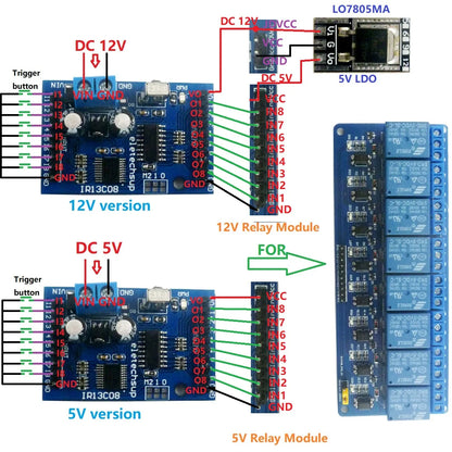 IR13C08 8CH DC 5V 12V Multi-function IR infrared remote control module Delay Self-locking VS1838 Receiver decoder for Relay Switch Board