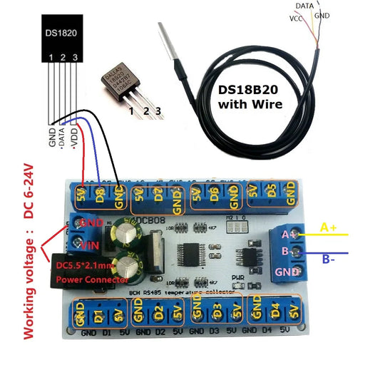 R4DCB08 8CH DC 12V RS485 DS18B20 Temperature Sensor Temperature acquisition collector module for Paperless recorder PLC Configuration